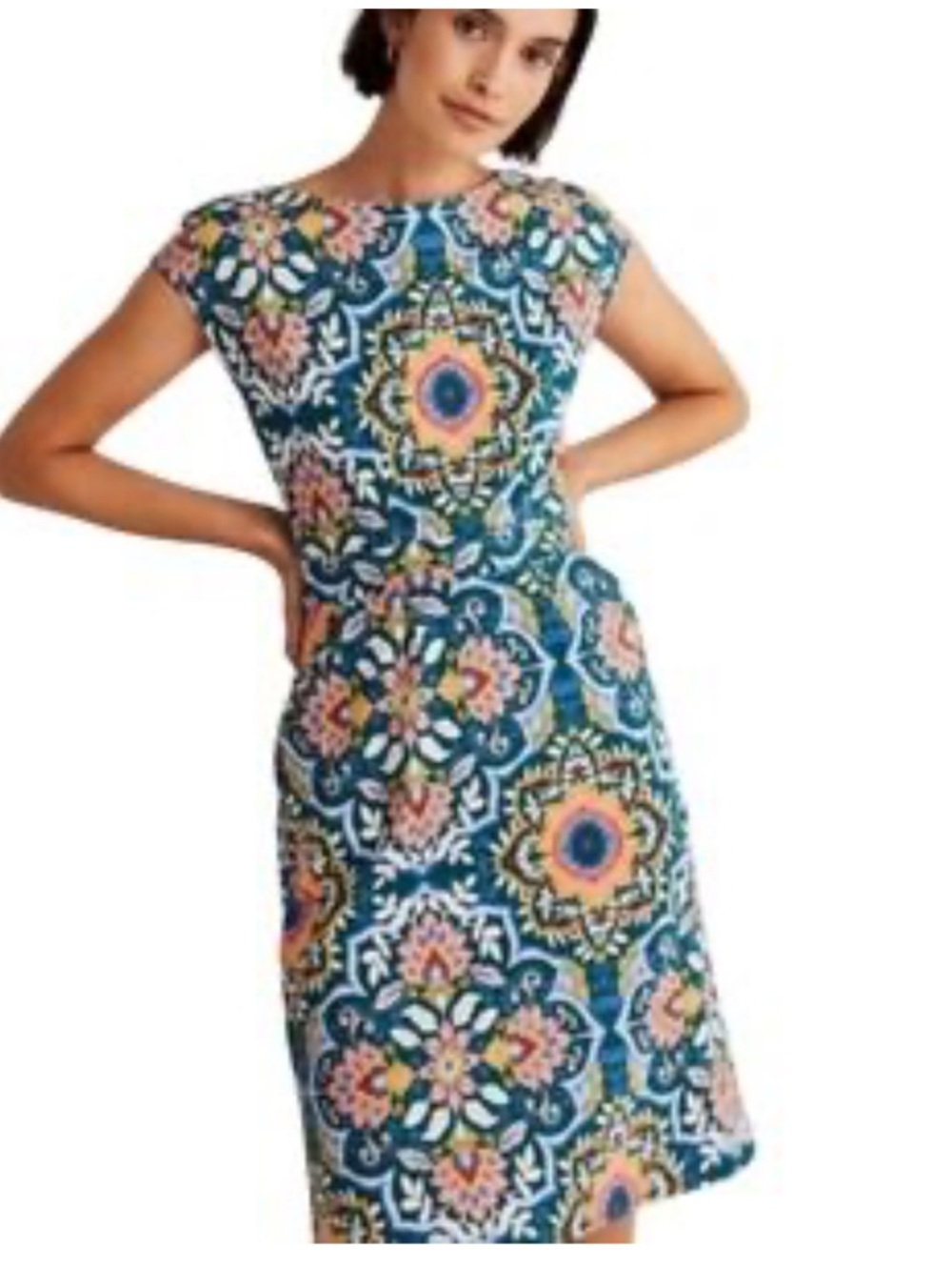 Boden Teal Floral Mosaic Cap-Sleeve Midi Dress - Picture 2 of 13